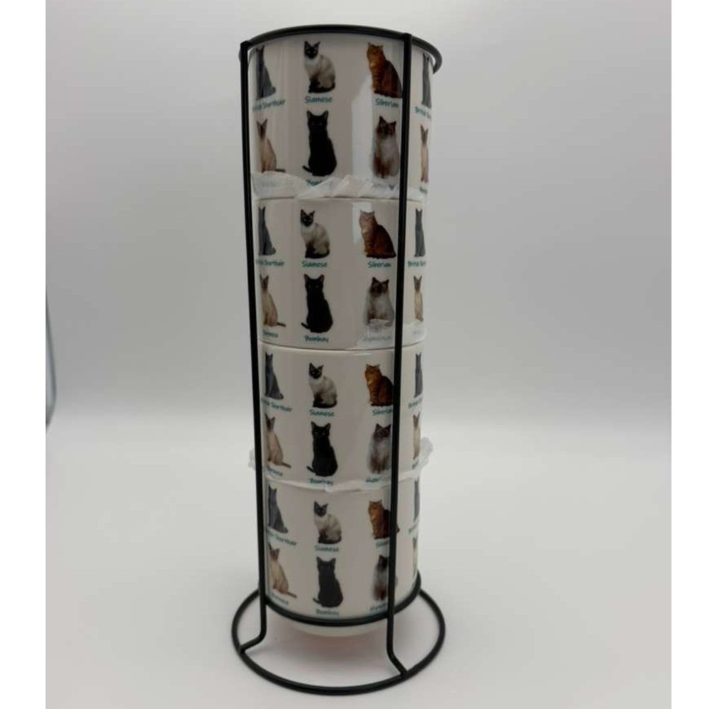 Pier Stoneware Mugs with Rack – Set of‎ 4 – Pastel Polka Dot Kittens